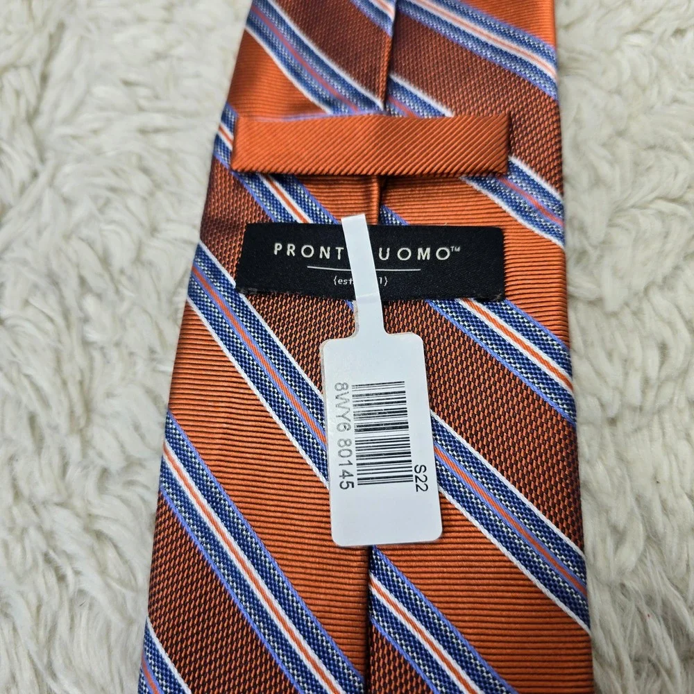 Pronto Uomo Silk Necktie Mens X-Long Orange‎ Blue Striped Woven Formal Tie New